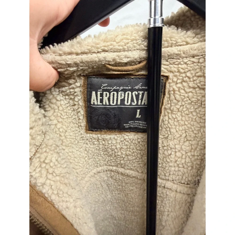 Aero VIntage Y2K Mens Suede Sherpa Lined Aviator Jacket Tan Brown Full Zip Large